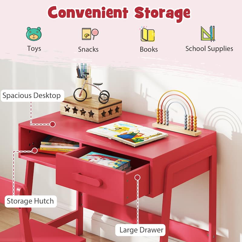 Kids Study Table and Chair Set with Storage Drawer and Hutch and Pine Wood Frame for 3 Over Years Old - 33.5" x 19" x 27.5"