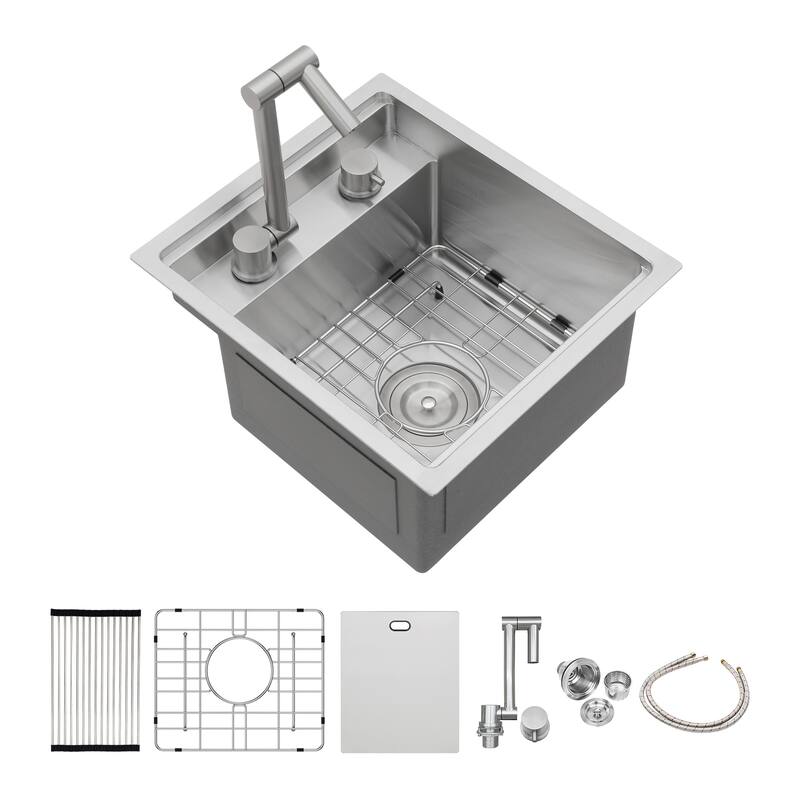 15" Undermount 16 Gauge Single Bowl Kitchen Sink in Brushed Nickel with Folding Faucet - 15'' x 17'' x 9''