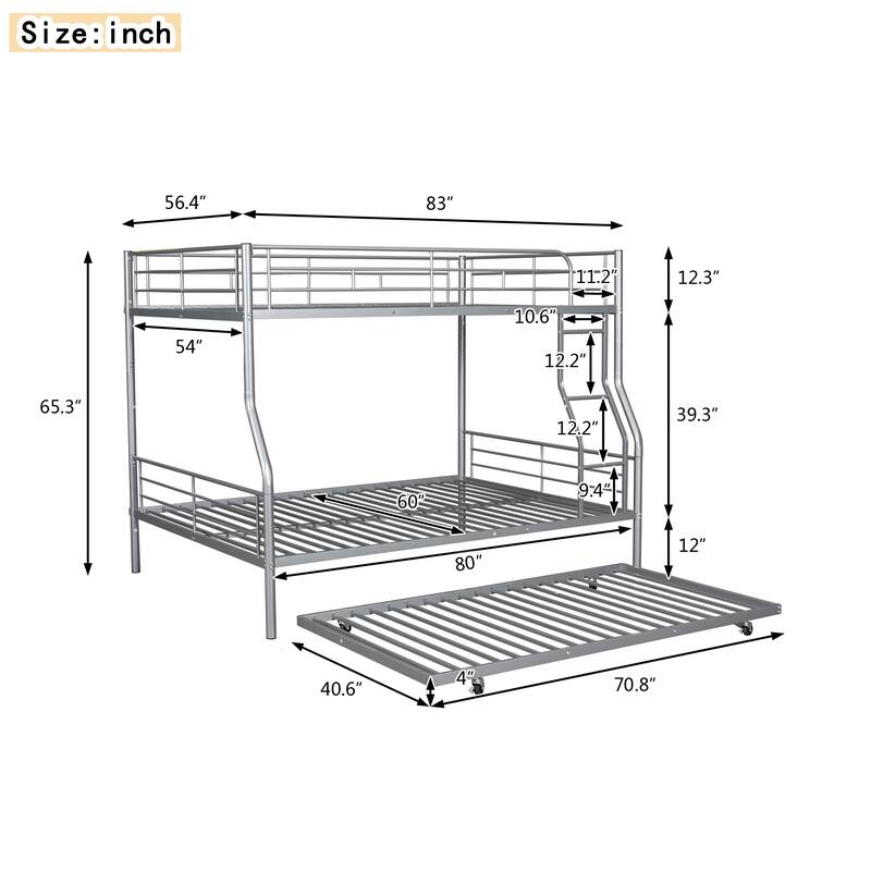 Metal Bunk Bed with Trundle and Guardrail, Convertible to Two Beds