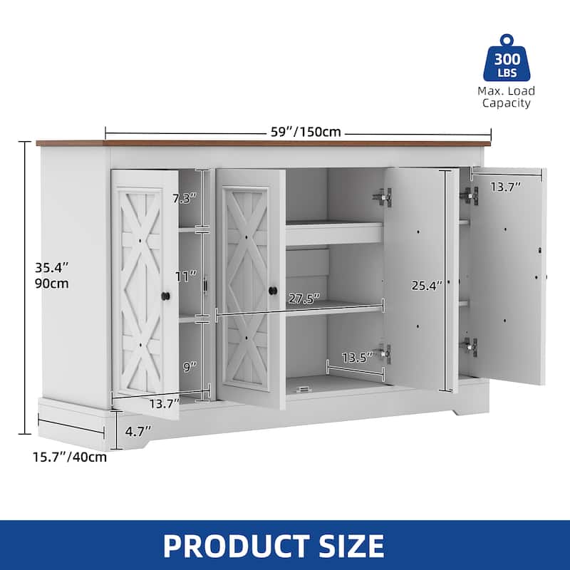 Moasis 59" Farmhouse Buffet Cabinet with 4 Doors, Adjustable Shelves for Kitchen & Living Room, White