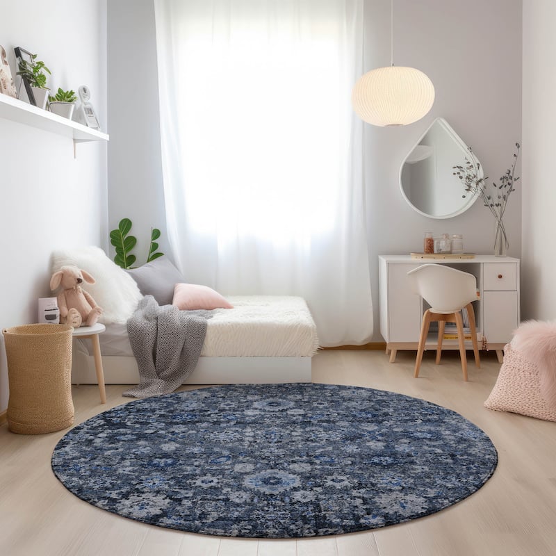 Machine Washable Indoor/ Outdoor Chantille Traditional Vintage Floral Rug - Blue - 8' x 8'