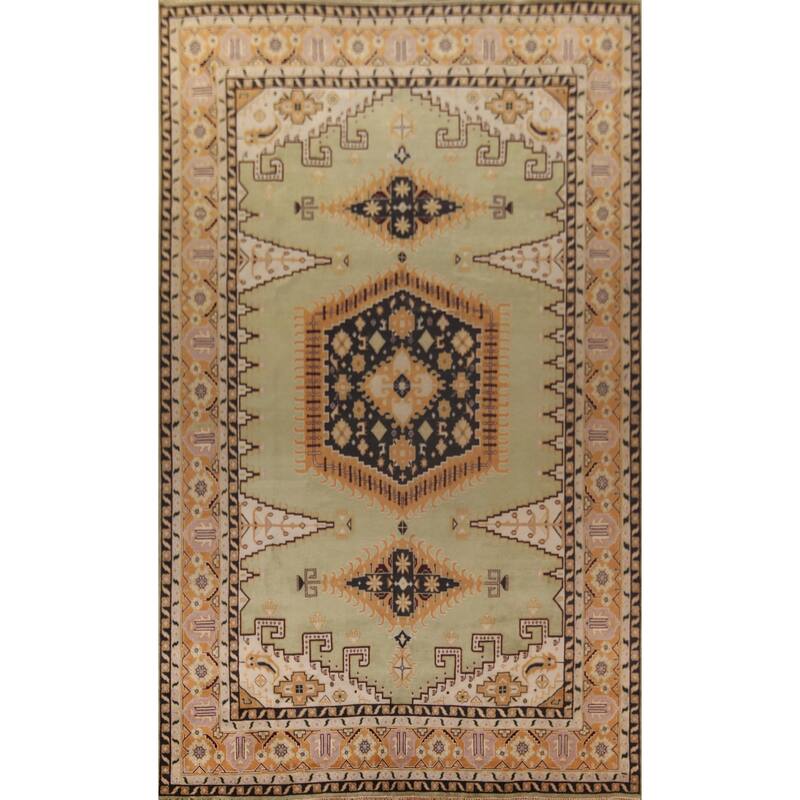 Light Green Geometric Viss Large Indian Rug Hand-Knotted Wool Carpet - 11'10"x 17'11"