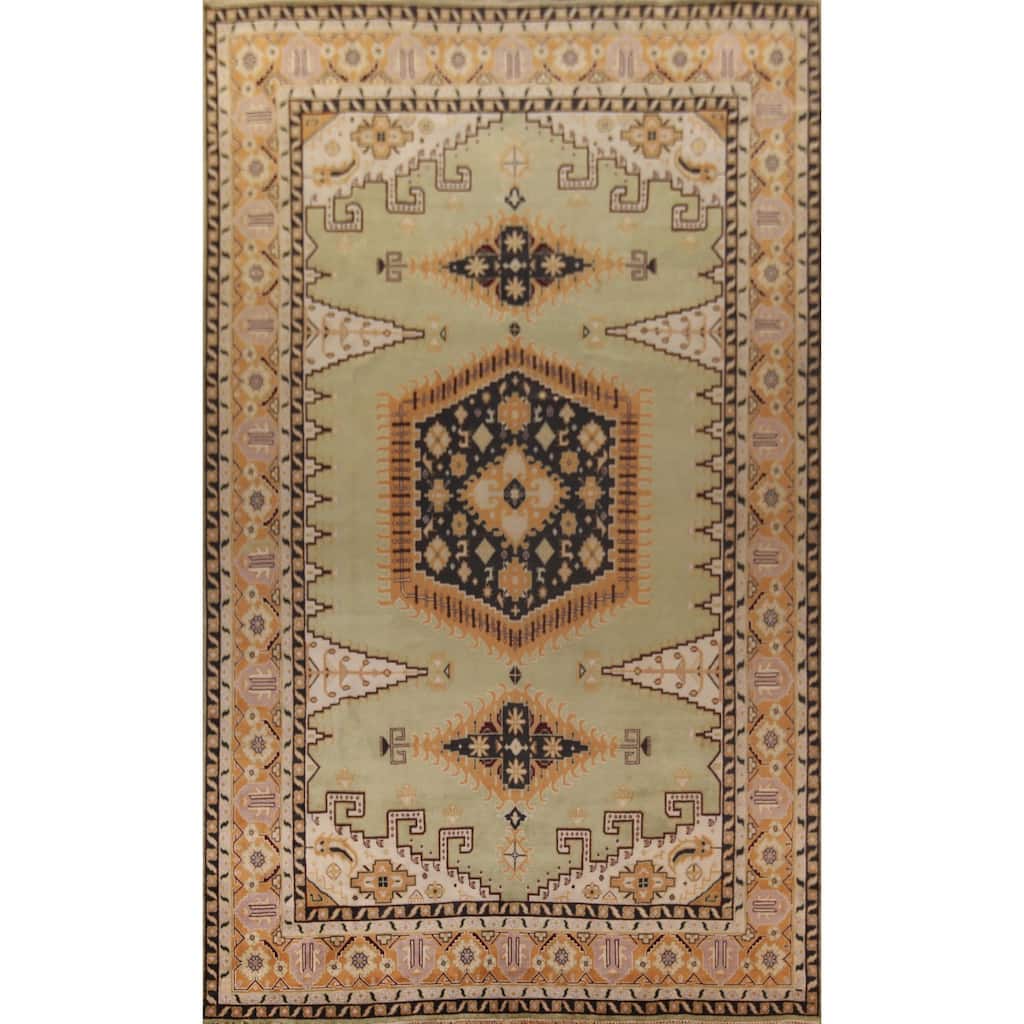 Light Green Geometric Viss Large Indian Rug Hand-Knotted Wool Carpet - 11'10"x 17'11"