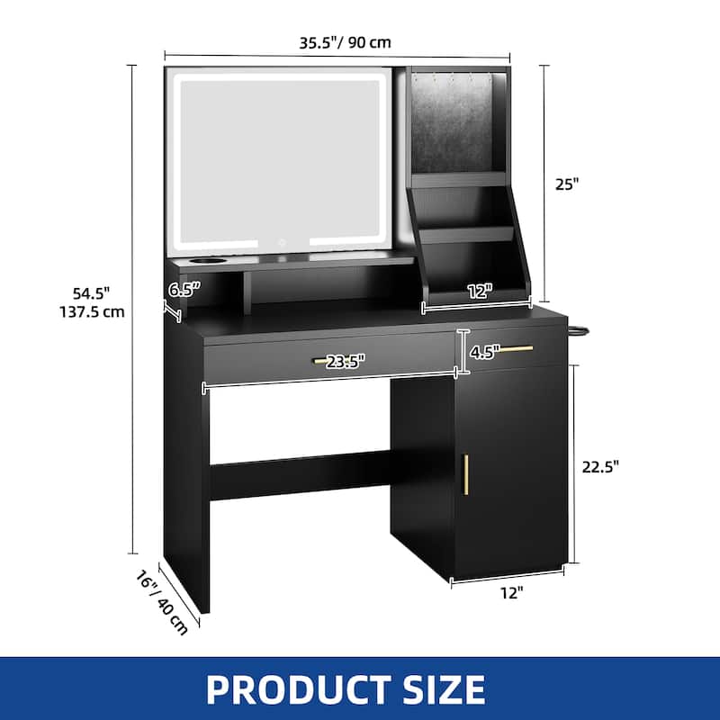 Moasis Makeup Vanity Desk with Mirror and Lights, Dressing Table with 2 Storage Drawers & Hairdryer Holder