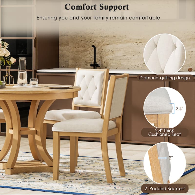 5-Piece Retro Functional Dining Table Set Extendable Round Table and 4 Upholstered Chairs for Dining Room and Living Room