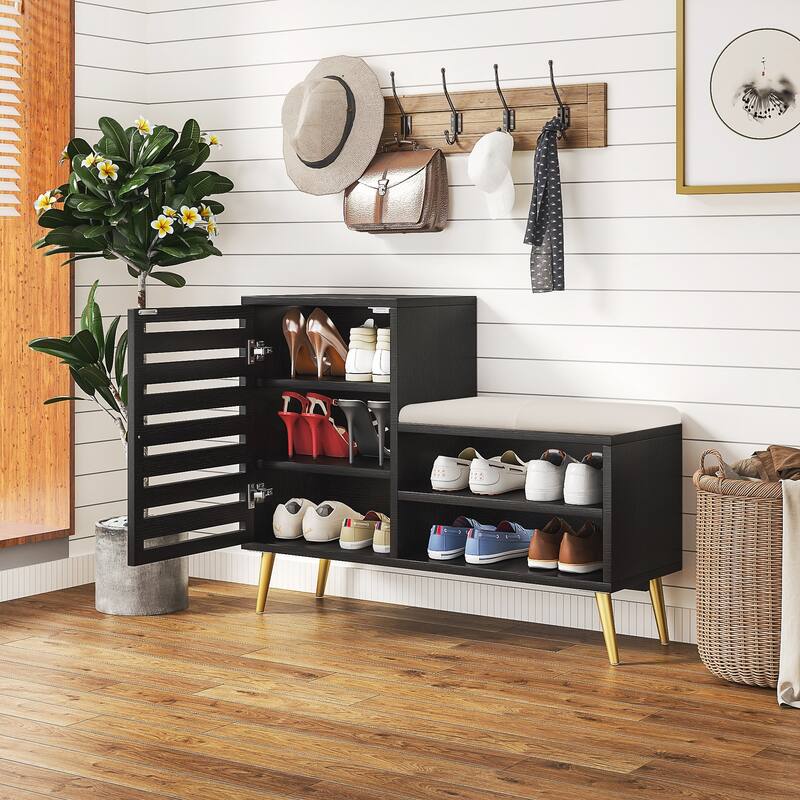 VECELO L-Shaped Entryway Bench with Cushion Shoe Storage Bench with Louvered Door & Open Shelves Hallway Seat Organizer