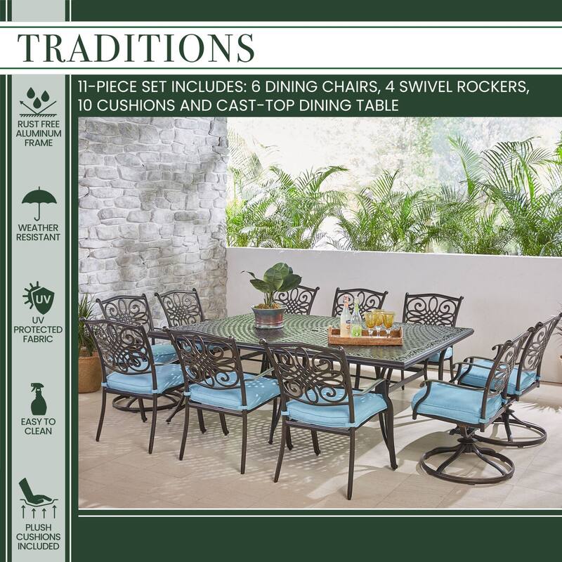 Hanover Traditions 11-Piece Dining Set in Blue with Four Swivel Rockers, Six Dining Chairs, and an Extra-Long Dining Table