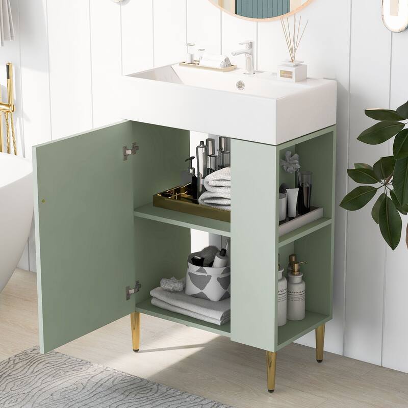 Compact 21.6" Bathroom Vanity with Free-Standing Cabinet, Soft-Close Door & Open Shelves