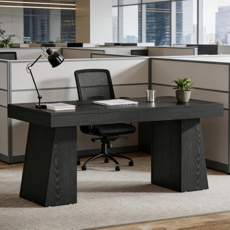 55" Mid-Century Modern Executive Desk with Trapezoid Base for Home Office