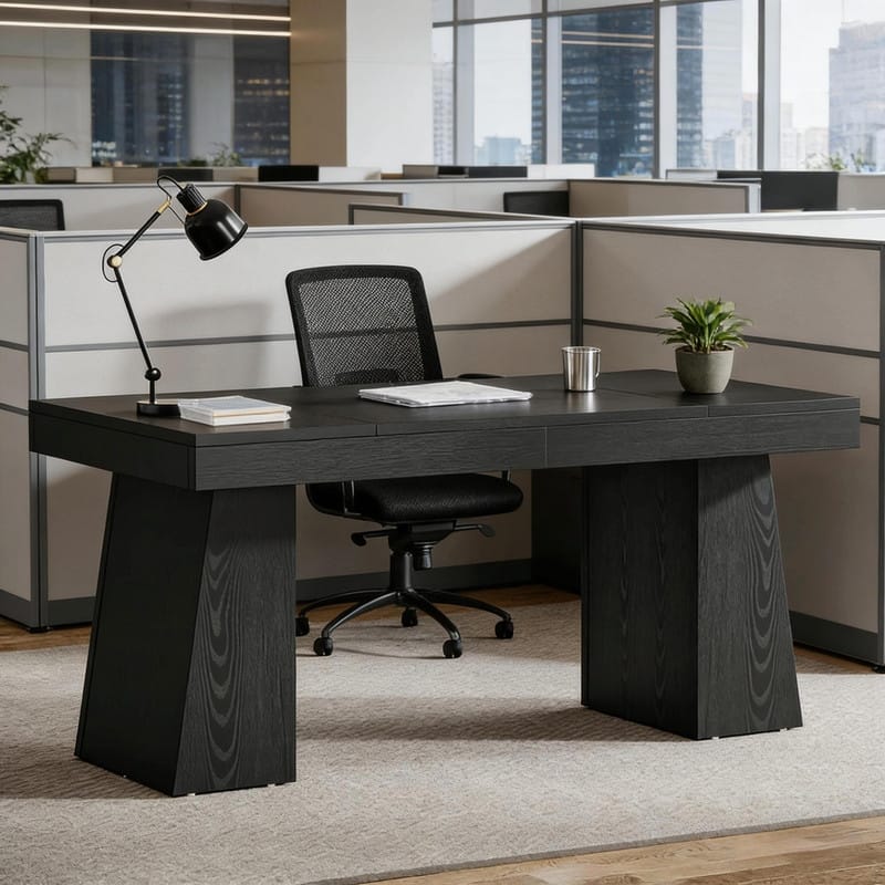 55" Mid-Century Modern Executive Desk with Trapezoid Base for Home Office