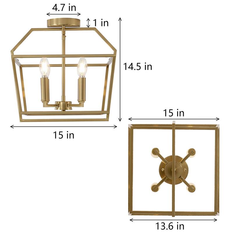 Modern 4 - Light Semi - Flush Mount, Gold Geometric Cube Design