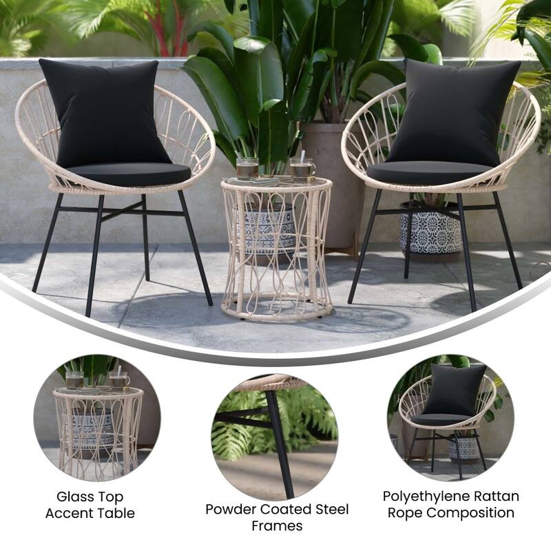 Indoor/Outdoor Rattan Rope Bistro Set, Glass Top Table & Cushions
