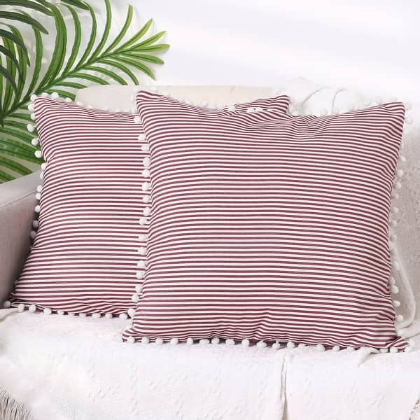 slide 2 of 6, 1 Pair Striped Pillow Cover with Pom Pom Fringe for Home Cushion Case Red - 18x18 inch