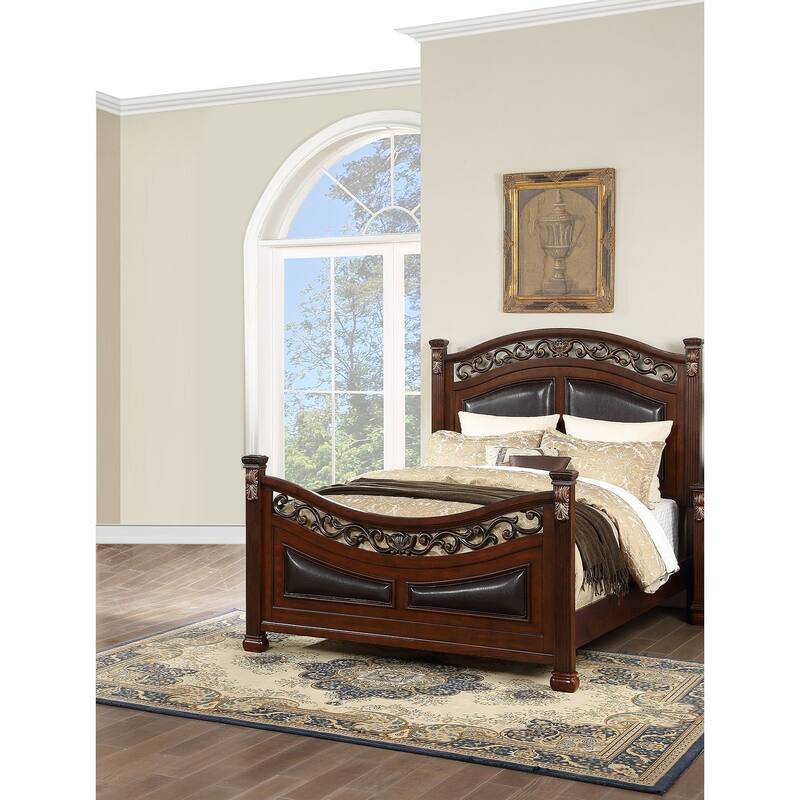 Traditional Style 1pc Bed Set Floral Design Bun Feet Dark Cherry Finish