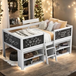 Elegant Twin Size Low Loft Bed with Two Movable Shelves and Ladder, with Decorative Guardrail Chalkboard, Space Saving, White