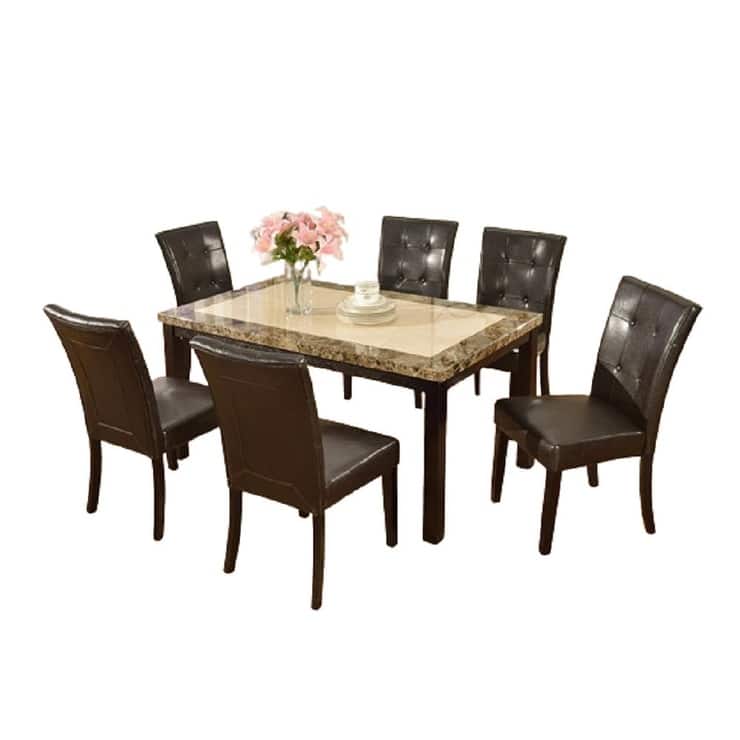 7-Piece Dining Set, Two-Tone Finish Faux Marble Top Table and 6 Side Chairs