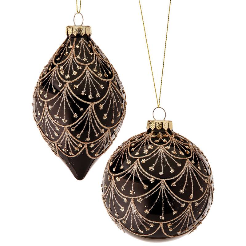 6ct Black and Gold Glittered Art Deco Glass Ball/Finial Christmas Ornaments 4"