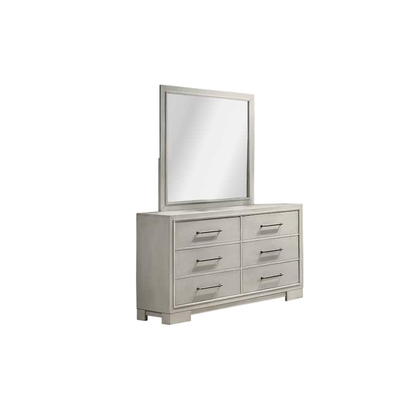 Modern Style 4pc Bed Dresser Mirror Nightstand Set Squared Legs Silver Handles Light Gray Finish Bedroom Furniture