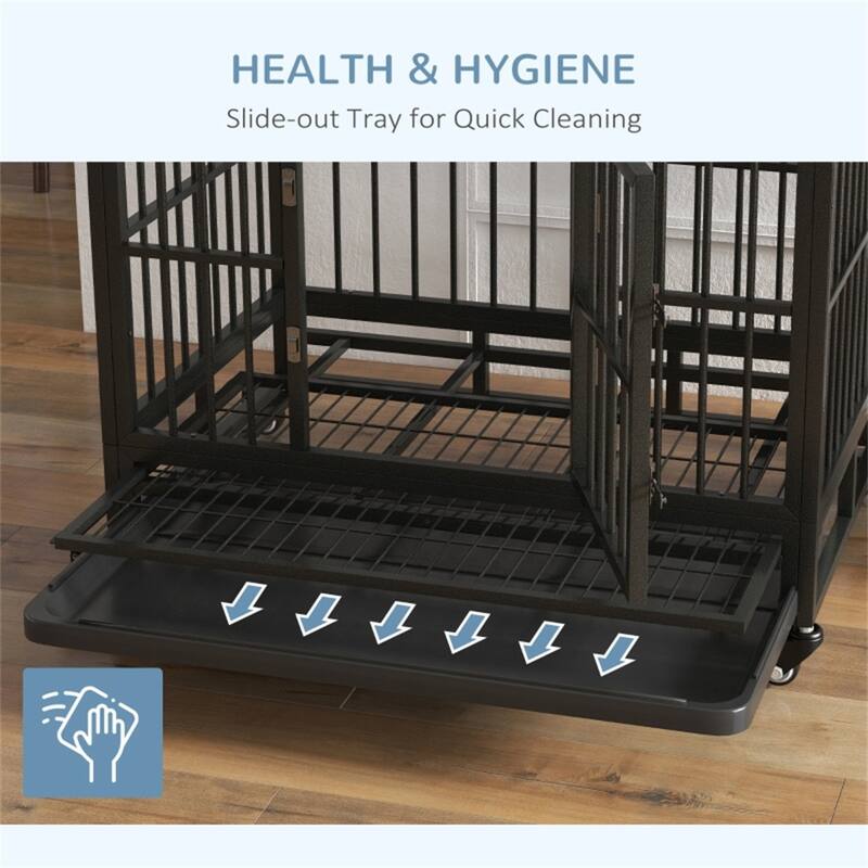 Grey Dog Cage with Secure Welded Frame Slide-Out Tray Front and Top Doors and Rolling Wheels