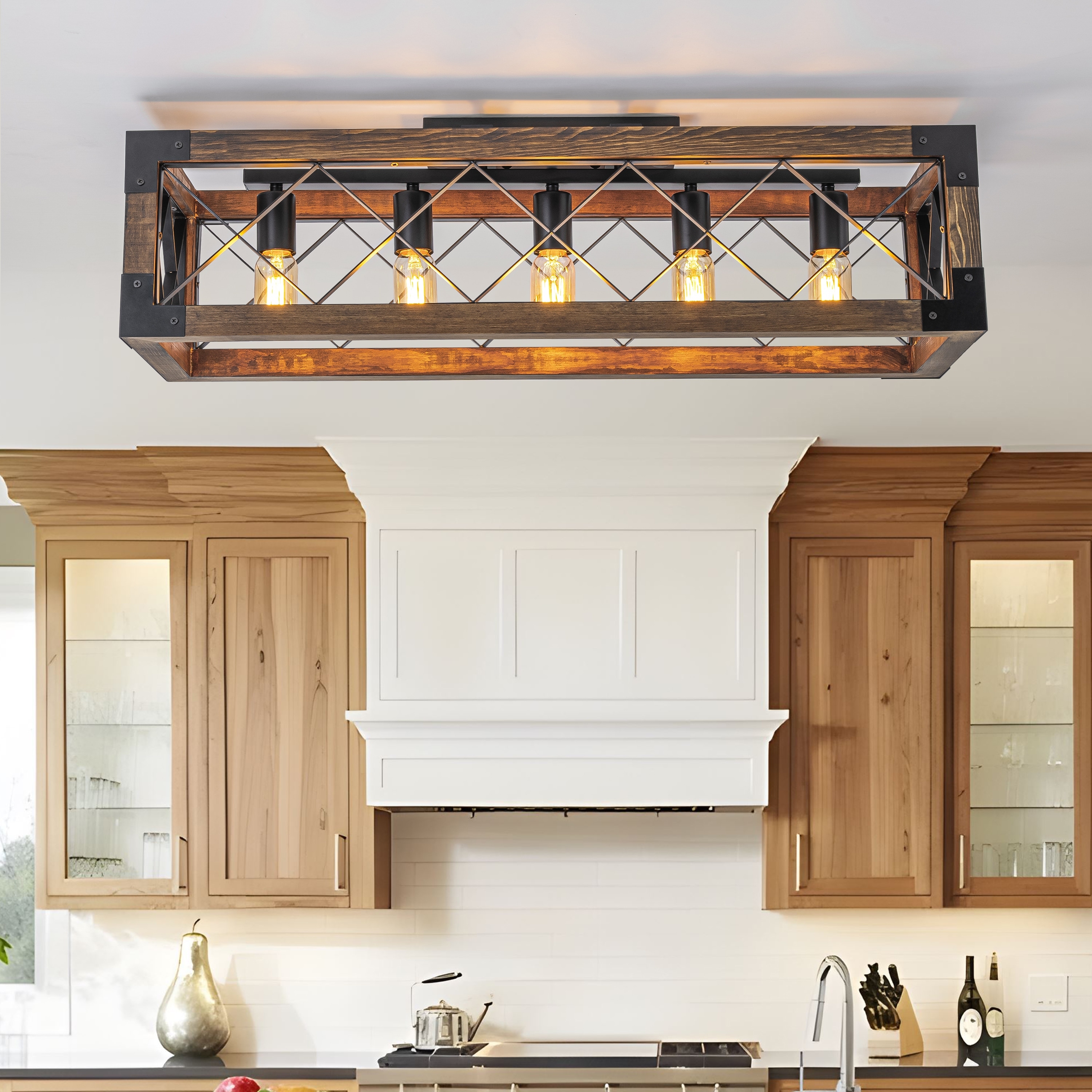 5-Light Rustic Farmhouse Wood Flush Mount Ceiling Light – 31.5-Inch Oak & Metal Rectangular Track Light, Semi-Flush, Black Finish For Kitchen Living Room