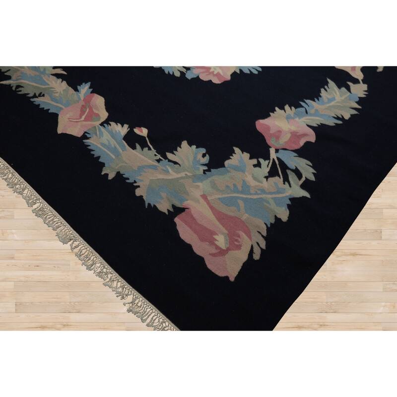 8'9''x12 Hand Woven Wool Navy Kilim Traditional Area Rug - 8' 9'' x 12'