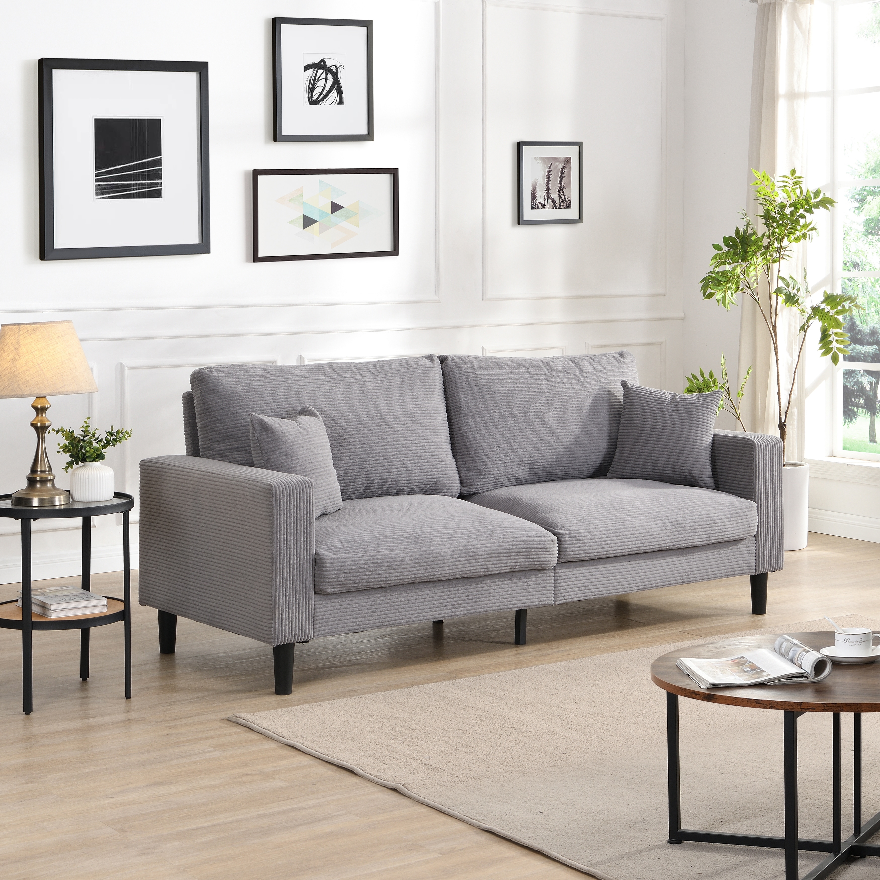 74 inch High Resilience 3 Seater Sofa Wooden Frame Comfy Modern Upholstered Light Gray