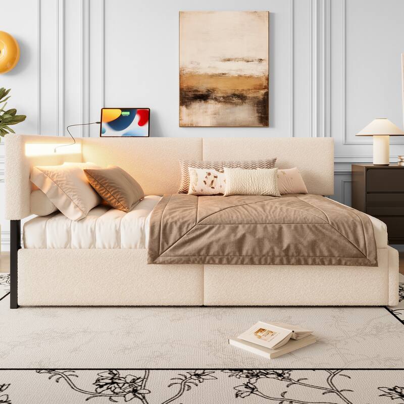 Full/Twin Size Boucle Upholstered Cloud Bed Frame with Headboard, Solid Wood Legs - No Box Spring Needed