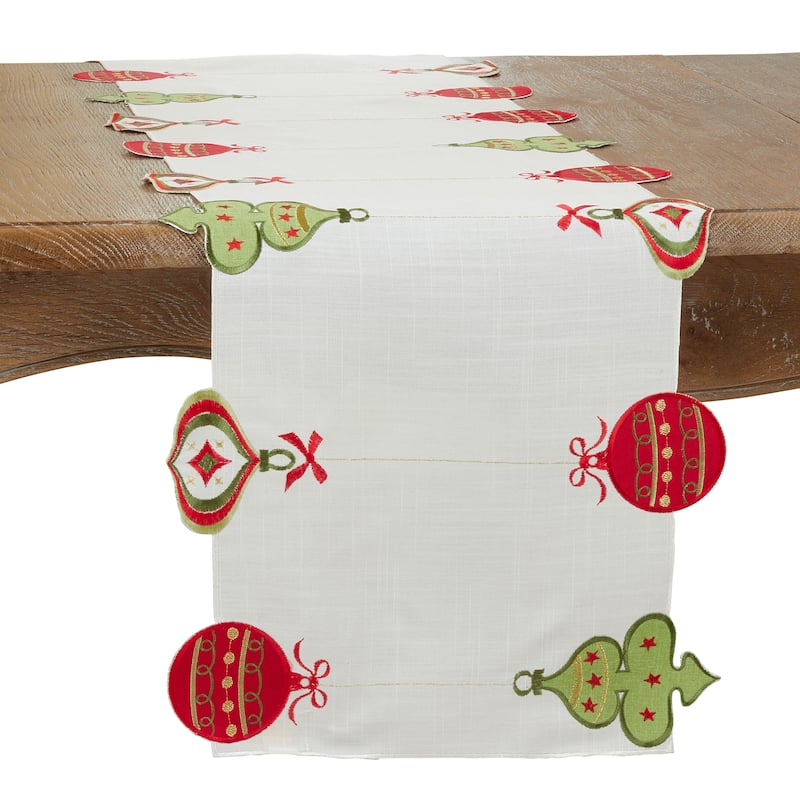 Christmas Table Runner With Embroidered Ornaments - 16"x72"