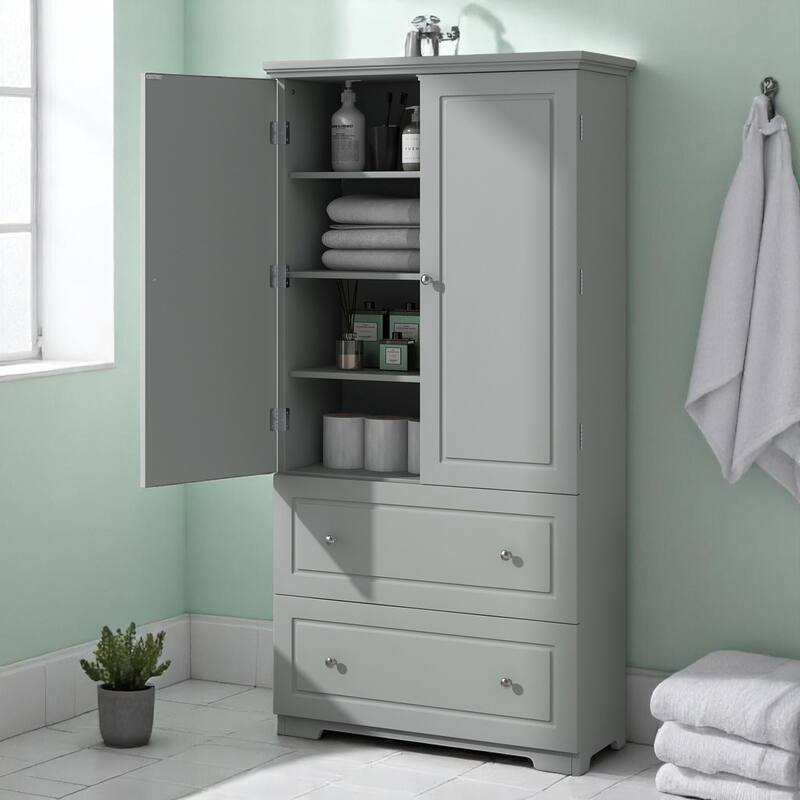 Freestanding Grey Bathroom Cabinet with 2 Doors and 2 Drawers, Adjustable Shelves, Painted MDF Finish