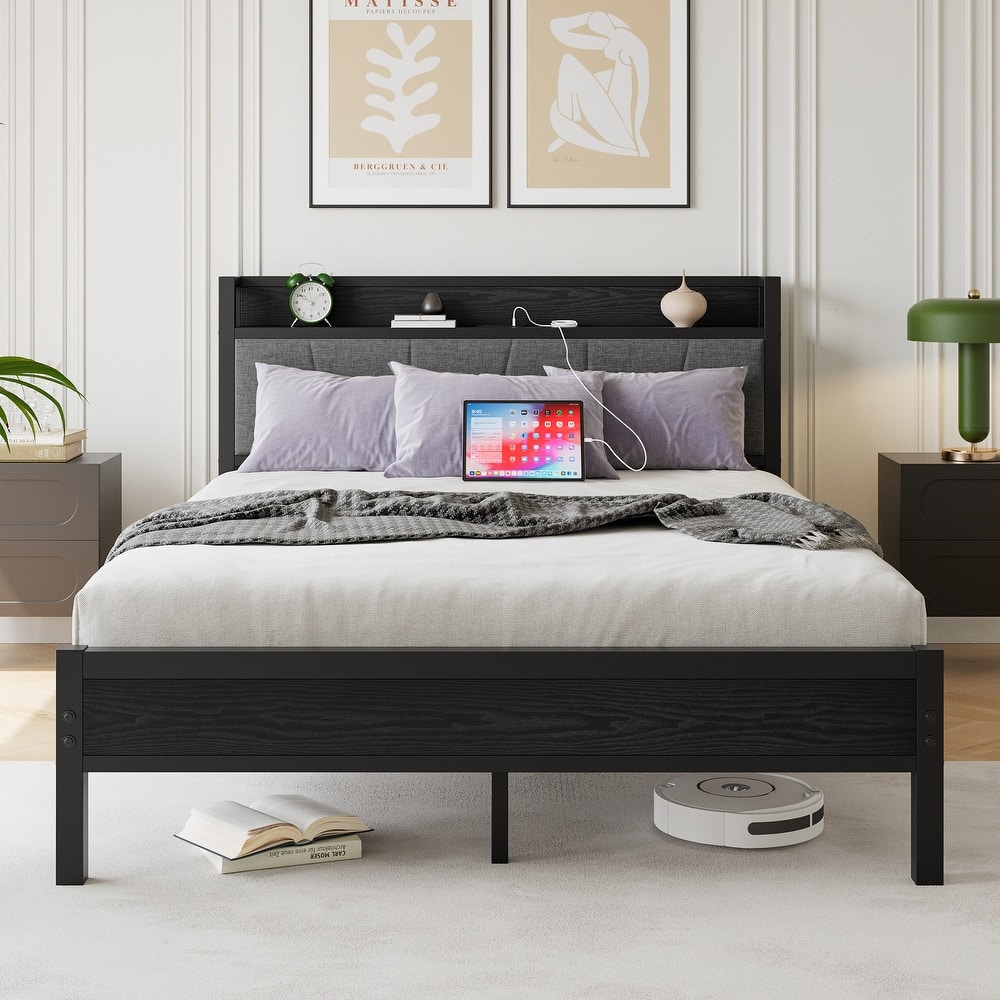 Bed Frame, Storage Headboard with Charging Station.