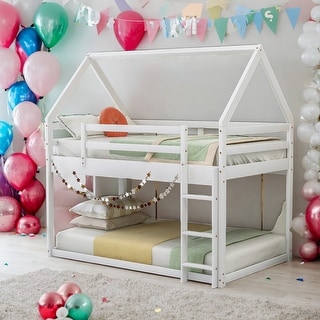 Twin over Twin Low Bunk Bed, House Bed with Ladder