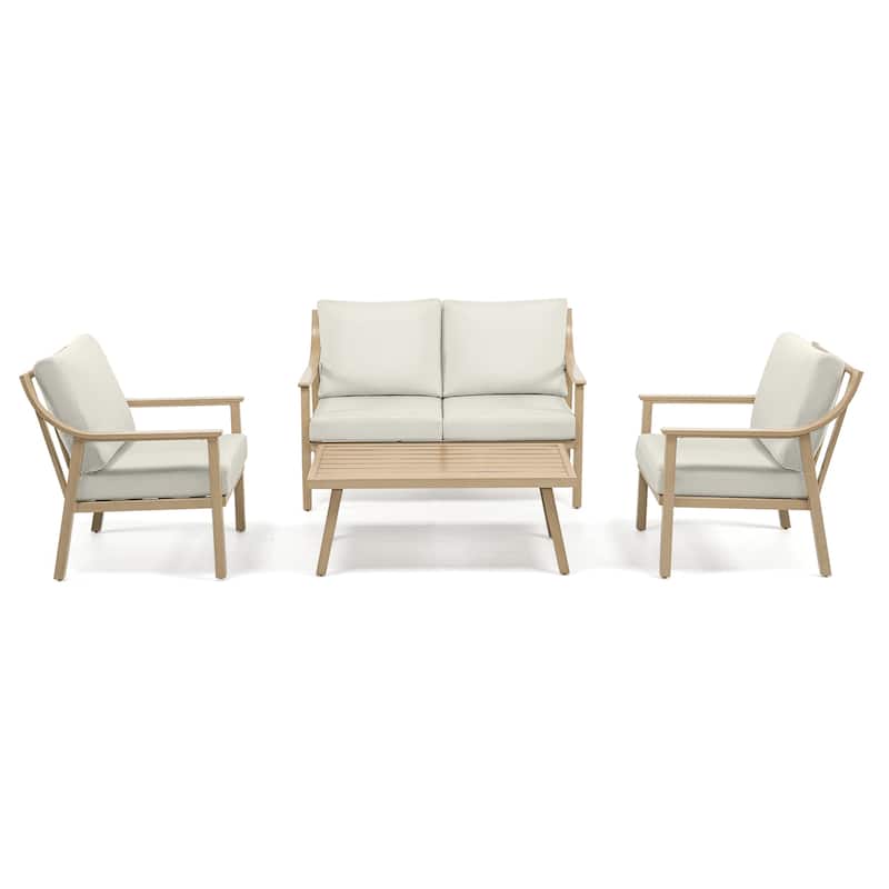 4-Piece Aluminum Patio Conversation Set with End Table and Cushions - Off White