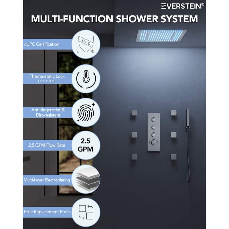 64 Color LED Mood Lighting Thermostatic Shower System,20"Ceiling-Mount Shower Head with 3-Functions Spray