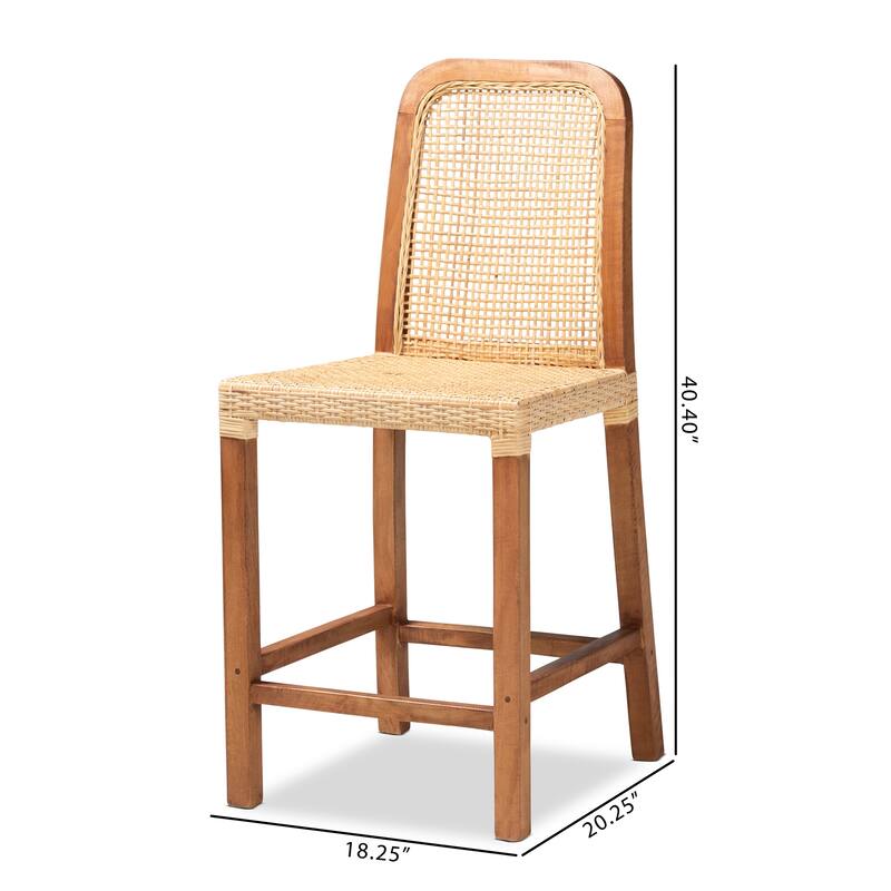 Caspia Mid-Century Mahogany Wood & Natural Rattan Counter Stool