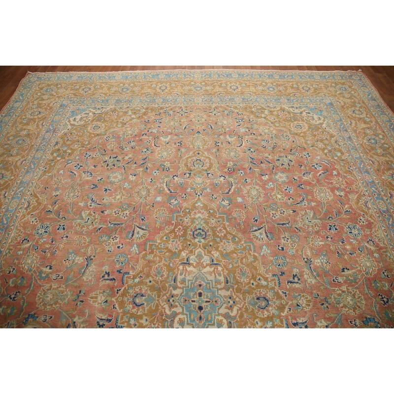 Hand Knotted Oriental 100% Wool Carpet Traditional Floral Pink Mashad Area Rug - 12' 9'' X 9' 4''