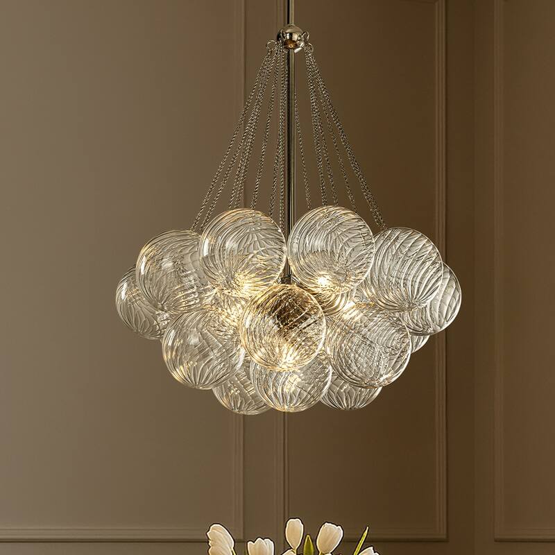 27'' Modern Glam Cluster Chandelier 6 Lights Pendant with Hand Blown Textured Glass Globes And Chrome Finish for Dining Room