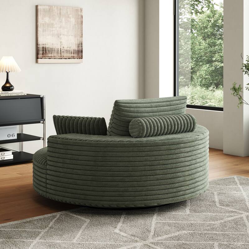 Oversized Swivel Accent Chair, Corduroy Round Lounge Sofa Chair, Upholstered Reading Armchair with Back Cushion & 2 Pillows