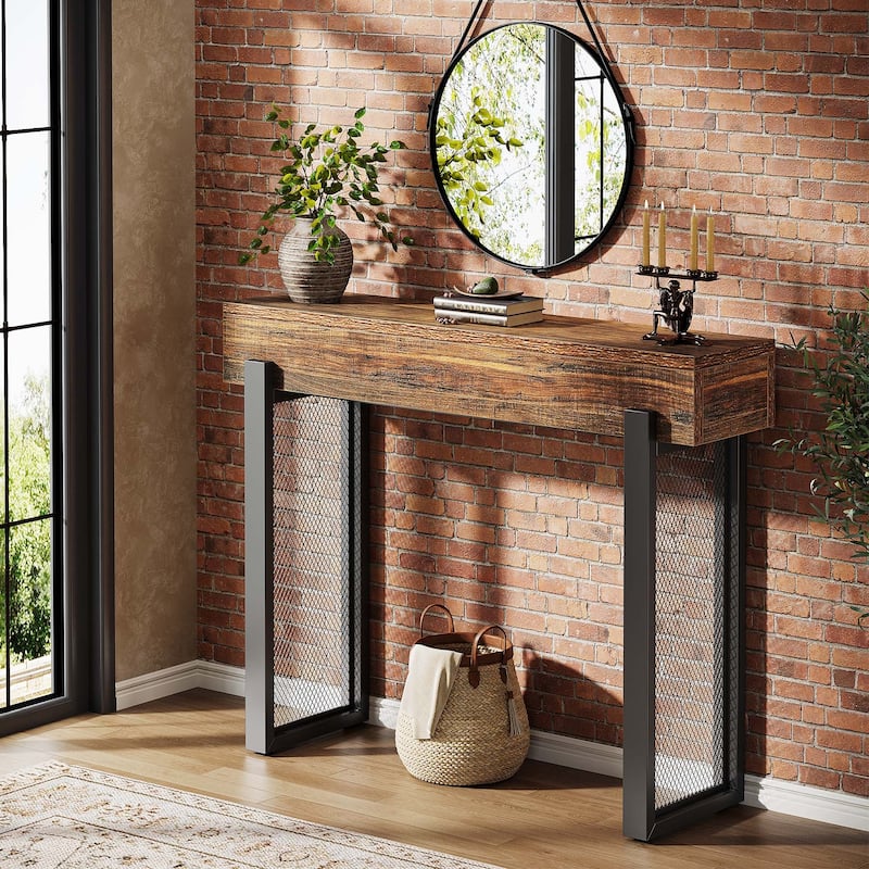41" Wood Console Table with Storage, Industrial Small Entryway Table - Wood - Black Brown