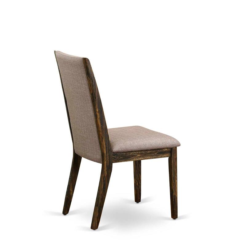 East West Furniture Dining Set- a Round Dining Table and Dark Khaki Linen Fabric Chairs, Distressed Jacobean (Pieces Option)