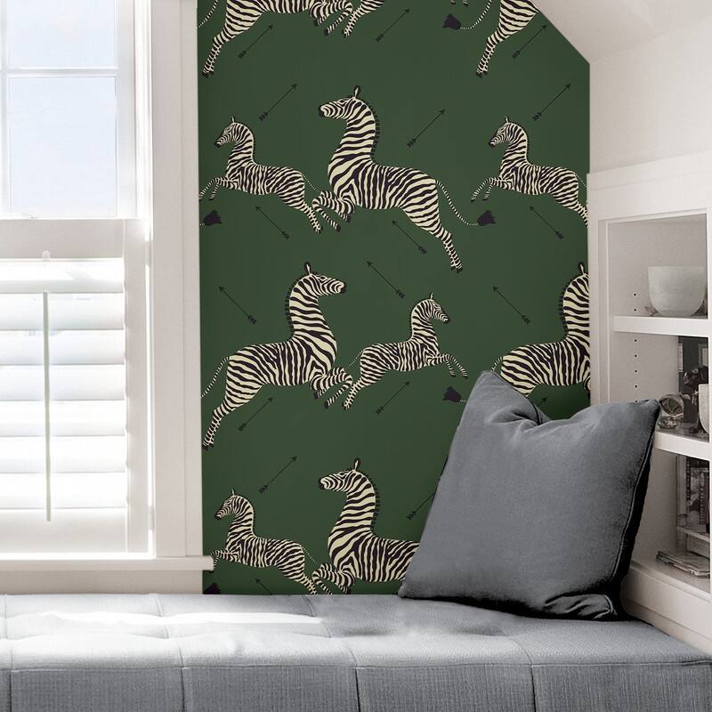 Scalamandre Serengeti Green Zebra Safari Self Adhesive Peel & Stick Wallpaper
