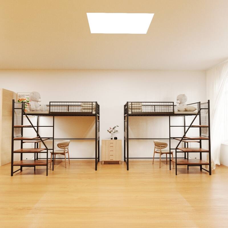 Twin Loft Metal Bed with Desk, Charging Station, LED Lights, and Storage for Bedroom or Dorm