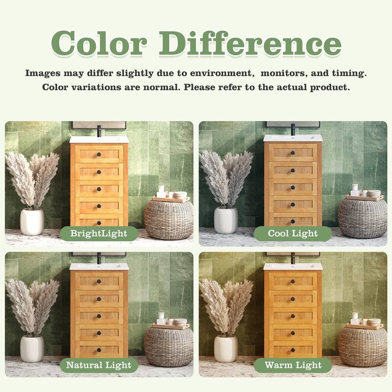 Roomfitters 20 Inch Bathroom Vanity with Integrated Ceramic Sink, Solid Wood Frame Storage Cabinet for Small Rooms, Natural Wood