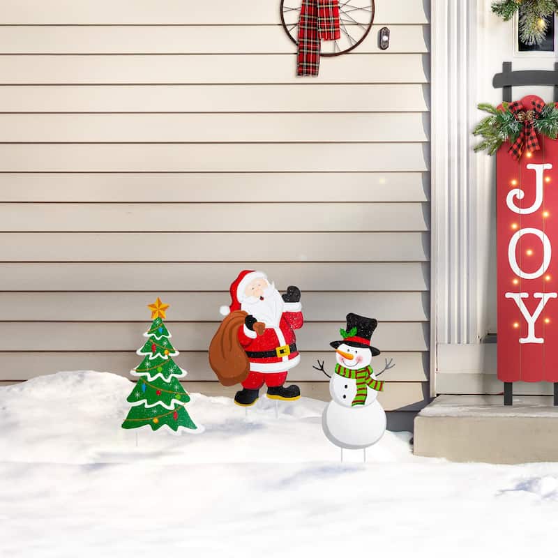 Glitzhome Set of 3 Christmas Metal Santa Snowman Tree Reindeer Candy Cane Yard Stakes Wall Decor - Santa&Snowman&Tree