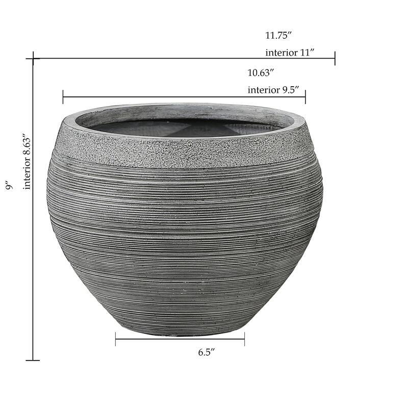 Pottery-Style Round MgO Planter, Indoor/Outdoor - 9" H x 11.75" Diameter - Grey