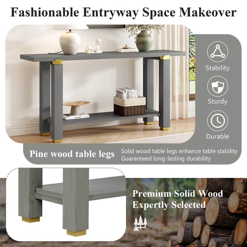 Modern Minimalist Console Table, Wooden Entryway Side Table with Metal Accents, Sofa Table with Built-in Storage Shelf
