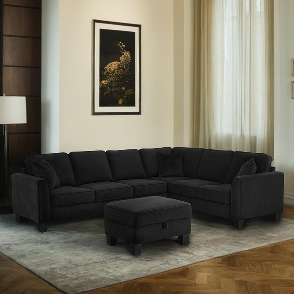 112 Width Black L Shape Sectional Livingroom Modular Sofa with Storage Ottoman