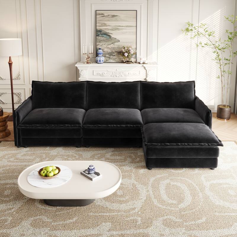109" Corduroy 3-Seater Cloud Sectional Sofa with Movable Ottoman