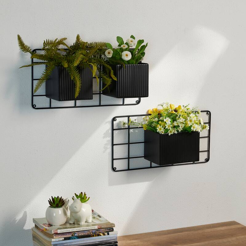 Glitzhome 20''L Black Metal Wall Planters with 3 Pots Hanging Plant Holder