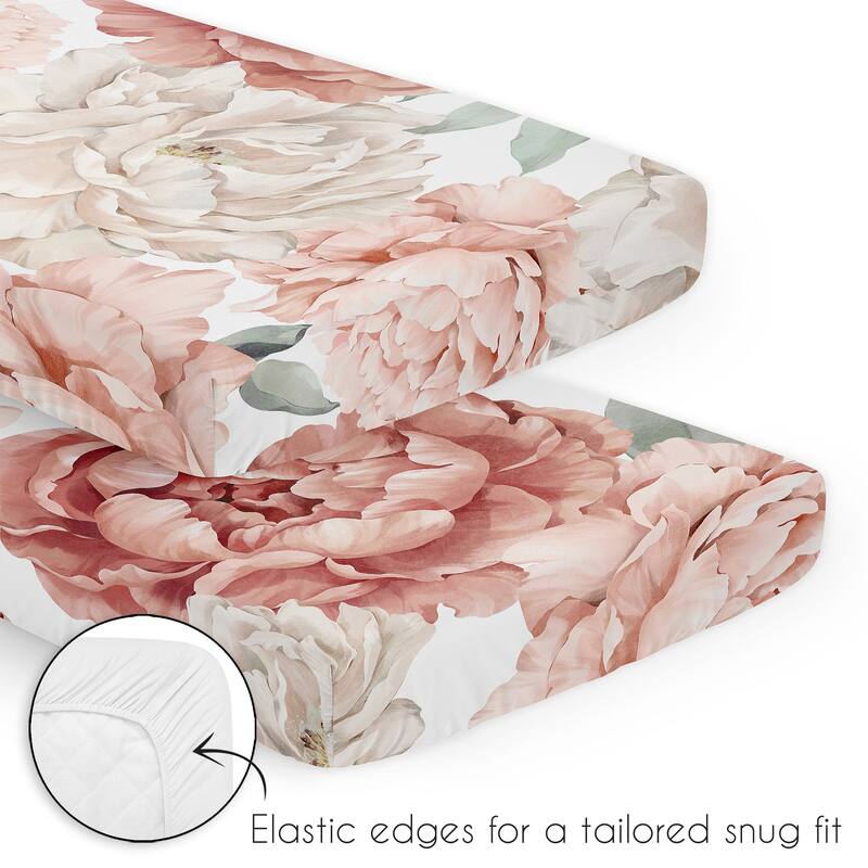 Sweet Jojo Designs Blush Pink Boho Shabby Chic Floral Girl 3pc Mini Crib Bedding Set Ivory Bohemian Vintage Watercolor Flower
