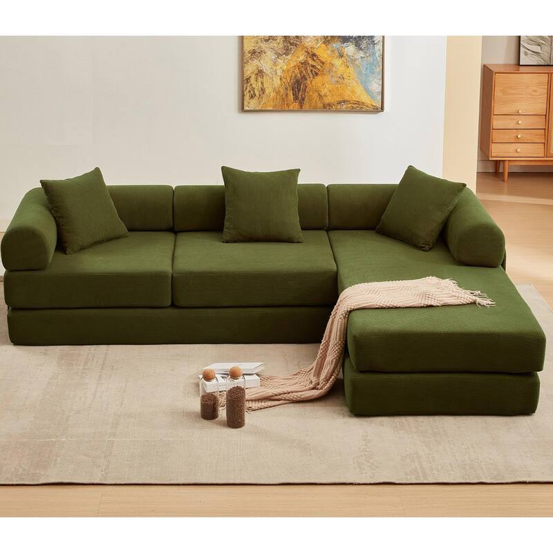 107'' L-Shaped 7-in-1 Corduroy Modular Sectional Sofa Bed, 4-Seat, Green